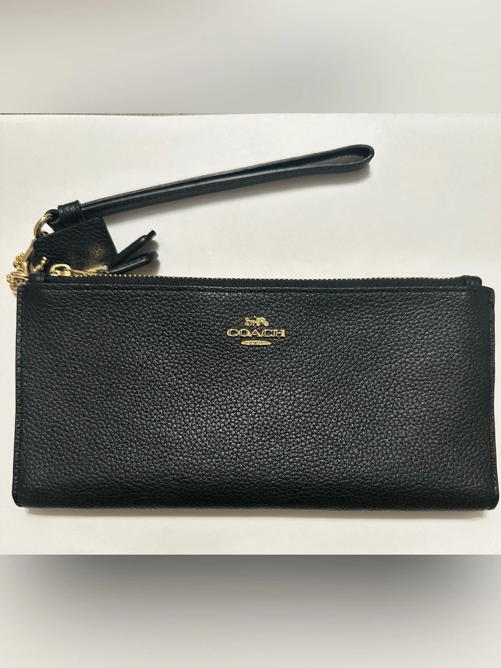 Coach Black Pebbled Leather Double Zip Wallet Wristlet with Gold Logo